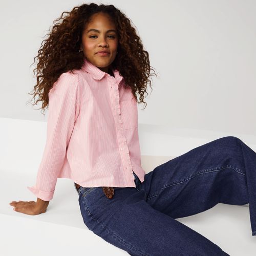 Women's Poplin Cropped Shirt with Ruffles | Lands' End