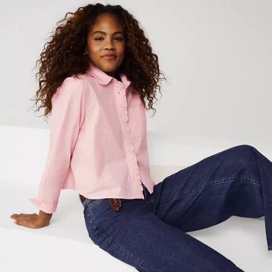 Women's Poplin Cropped Shirt with Ruffles - primary