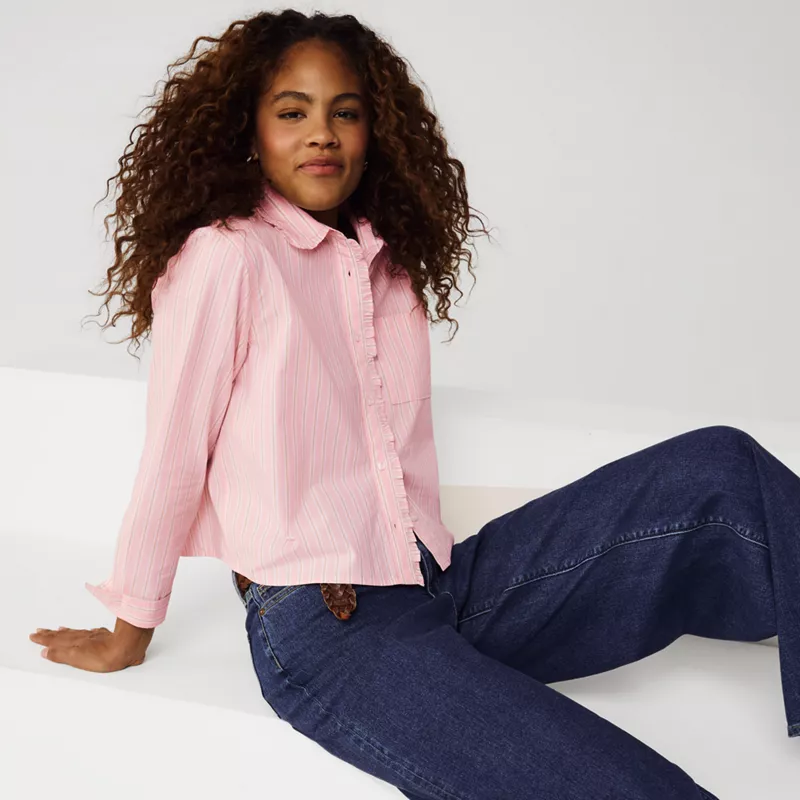 Women's Poplin Cropped Shirt with Ruffles, alternative image