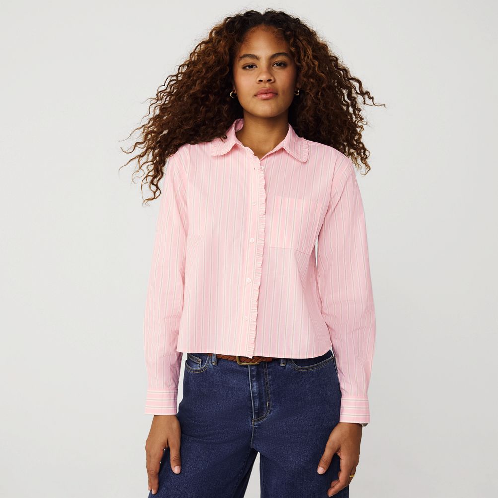 Women's Poplin Cropped Shirt with Ruffles | Lands' End