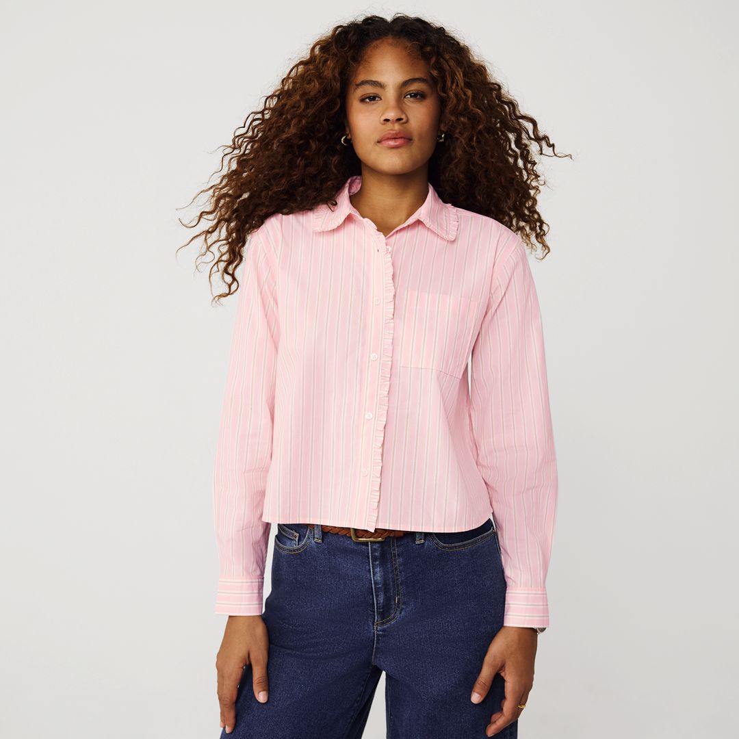 Women's Poplin Cropped Shirt with Ruffles