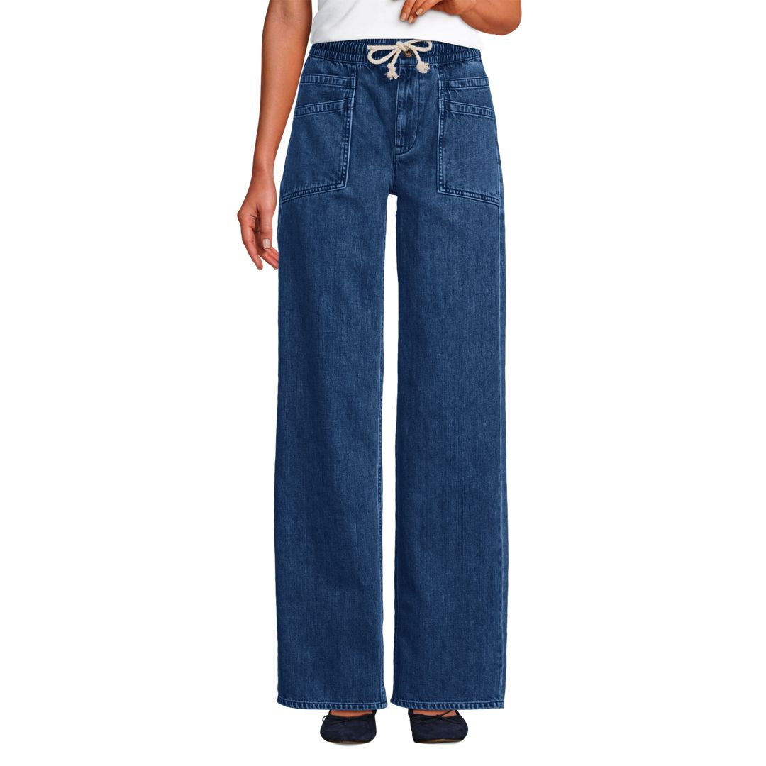 Women's Lightweight Denim High Rise Relaxed Straight Pull On Pocket Jeans