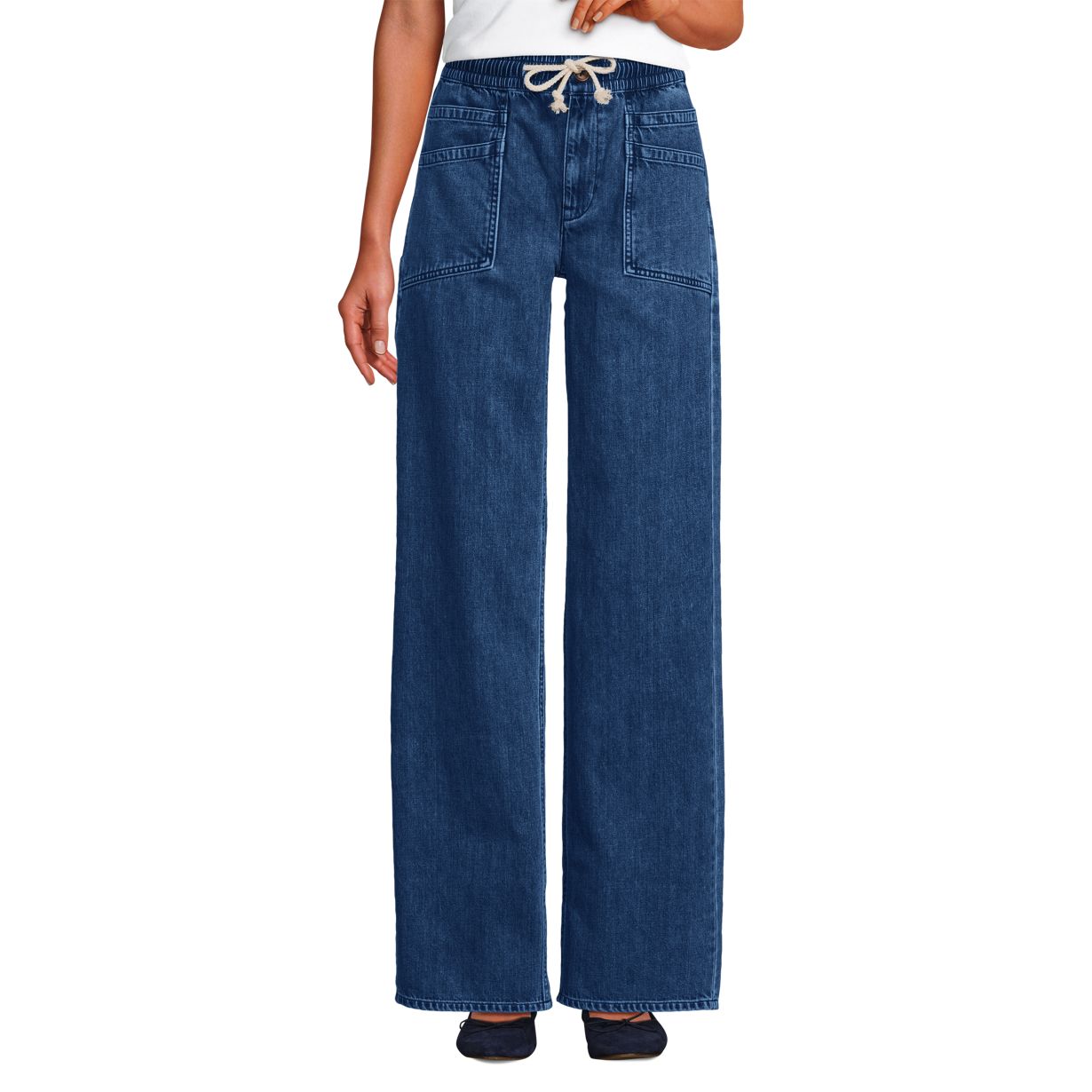 Women's Lightweight Denim High Rise Relaxed Straight Pull On Pocket Jeans