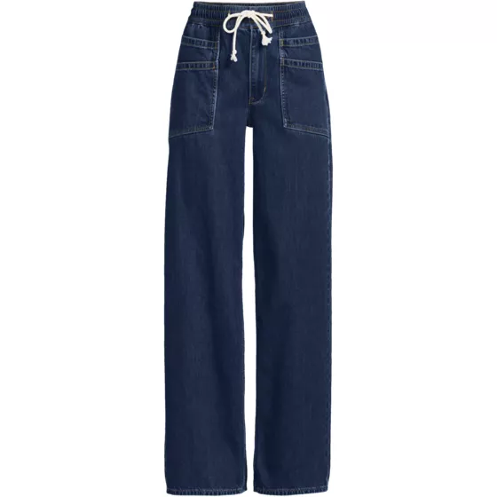 Women's Lightweight Denim High Rise Relaxed Straight Pull On Pocket Jeans - primary