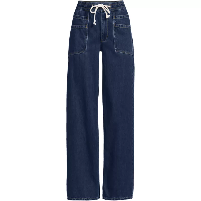 Women's Plus Size Lightweight Denim High Rise Relaxed Straight Pull On Pocket Jeans, Front