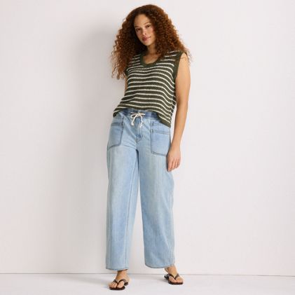 Women's Petite Lightweight Denim High Rise Relaxed Straight Pull On Pocket Jeans - primary