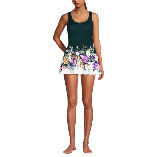 Women's Tugless Scallop Swim Dress Swimsuit, Front