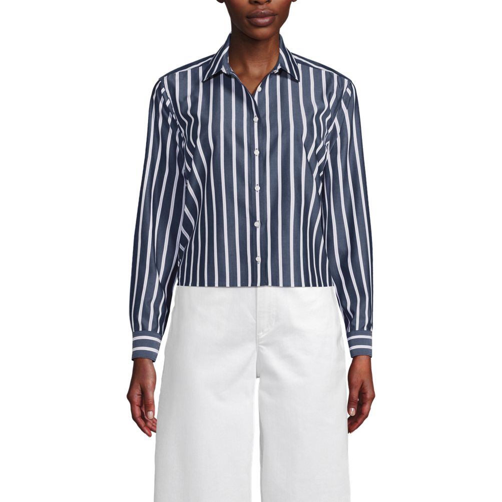 売れ筋商品|||ランズエンド カットソー トップス レディース Women's No Iron Button Front Shirt Navy/white dual stripe Women's No Iron Button Front Shirt | Lands' End