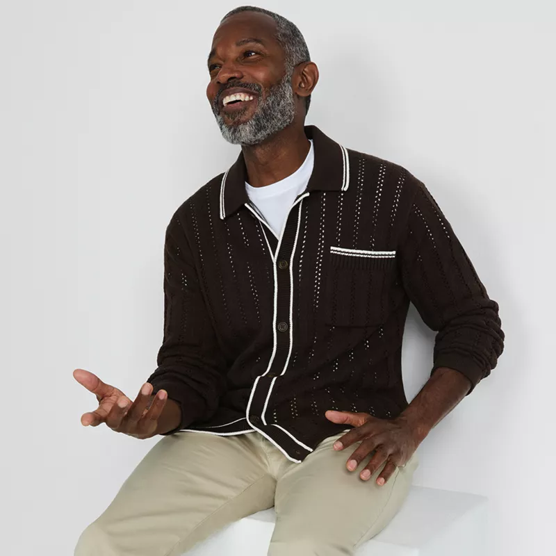 Men's Long Sleeve Button Through Summer Polo Cardigan, alternative image