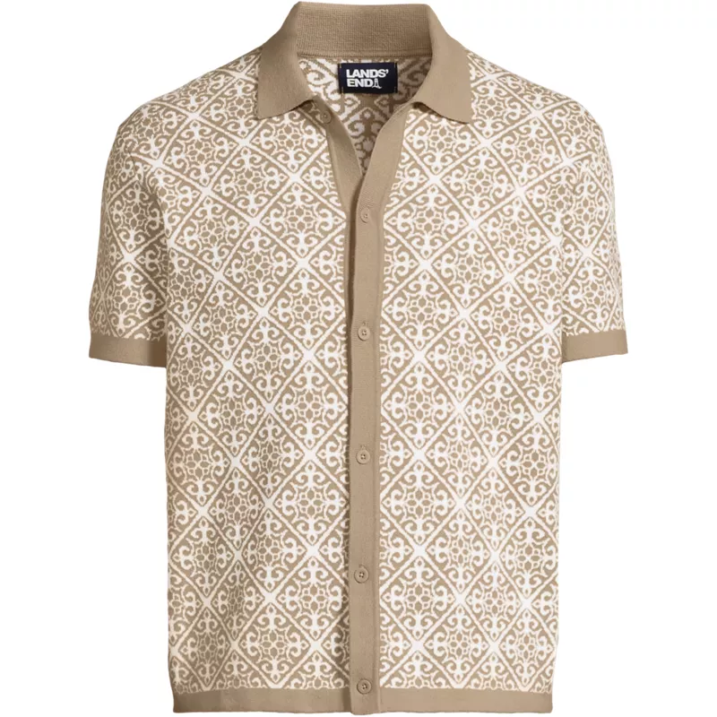 Men's Short Sleeve Tile Jacquard Button Down Sweater Polo, Front
