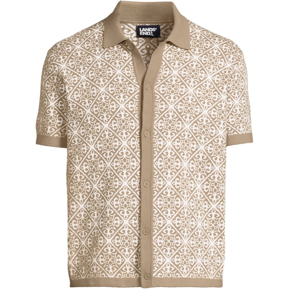Men's Short Sleeve Tile Jacquard Button Down Sweater Polo | Lands' End