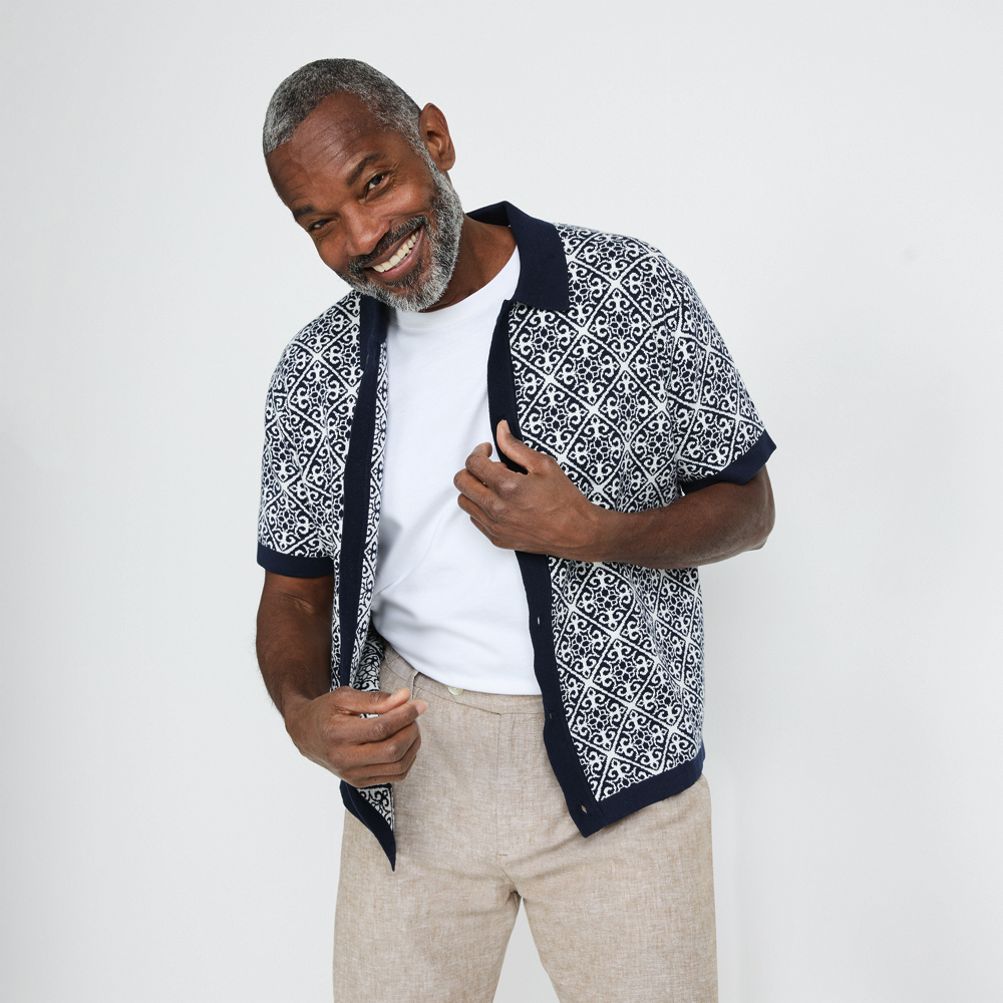 Men's Short Sleeve Tile Jacquard Button Down Sweater Polo | Lands' End