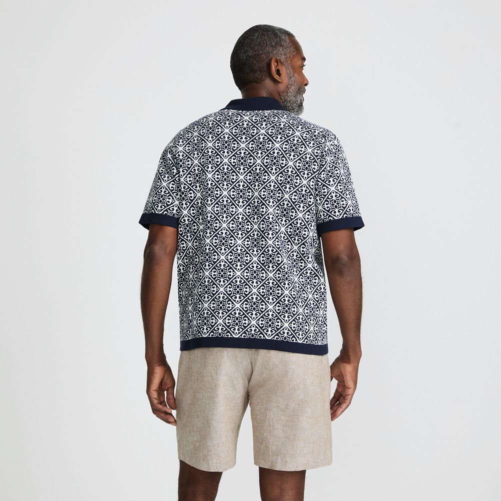 【LEINWANDE】 Landscape Jacquard Polo Men's Short Sleeve Tile Jacquard Button Down Sweater Polo | Lands' End