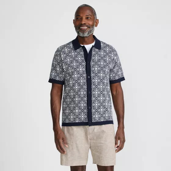Men's Short Sleeve Tile Jacquard Button Down Sweater Polo - primary