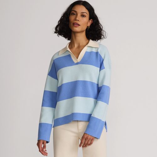  Lands' End Feinstrick-polopullover Mit Rugbystreifen, Damen, Größe:32-34 Regular, Blau, Baumwolle, By Lands' End 