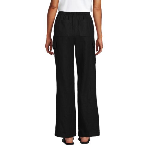 Women's Linen High Rise Elastic Back Wide Leg Cargo Pants, Back