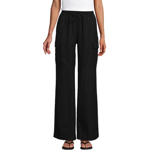 Women's Linen High Rise Elastic Back Wide Leg Cargo Pants, Front