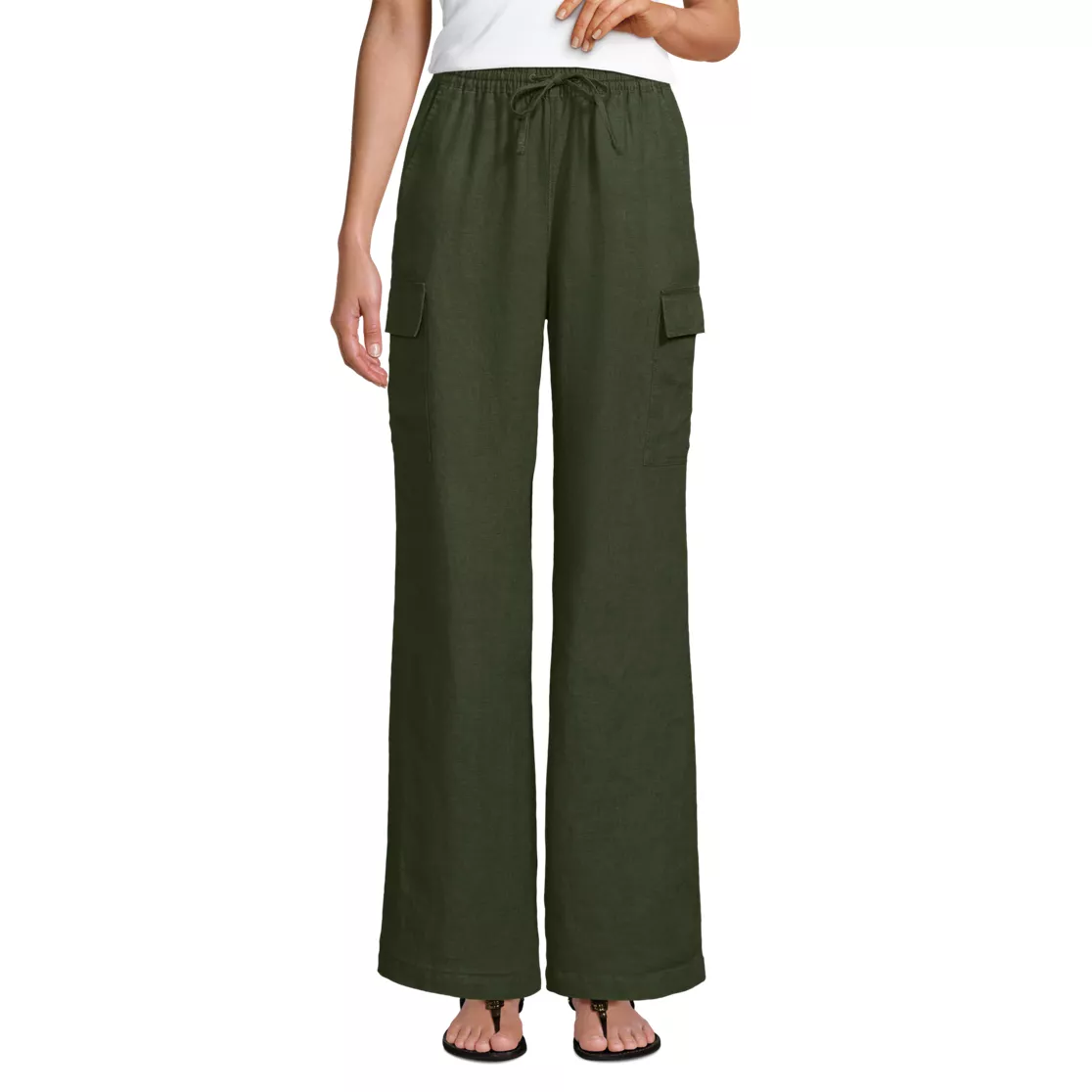 Women's Linen High Rise Elastic Back Wide Leg Cargo Pants