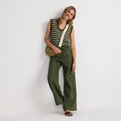 Women's Petite Linen High Rise Elastic Back Wide Leg Cargo Pants - primary