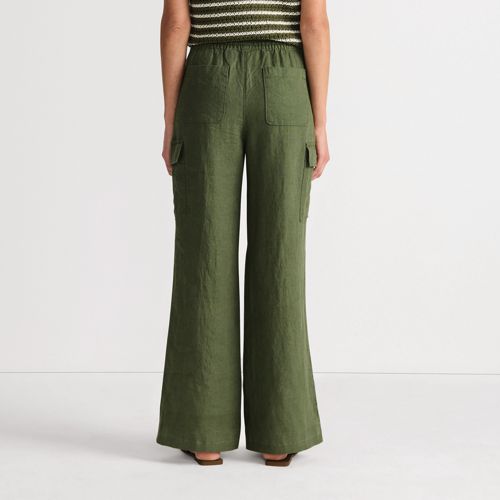 Women's Linen High Rise Elastic Back Wide Leg Cargo Pants, Back