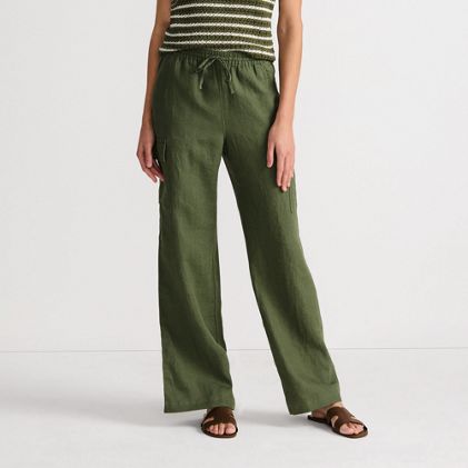Women's Petite Linen High Rise Elastic Back Wide Leg Cargo Pants - image 2
