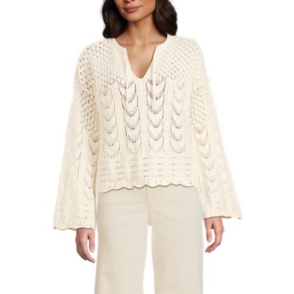Women's Cotton Boucle Pointelle Notch Neck Sweater - image 4