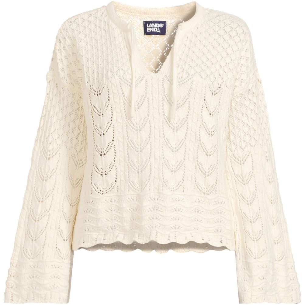 Women's Cotton Boucle Pointelle Notch Neck Sweater | Lands' End