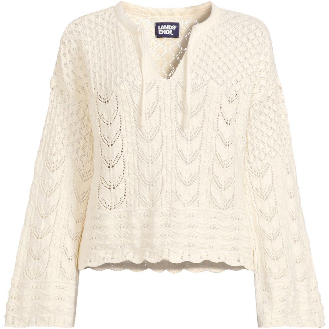 Women's Cotton Boucle Pointelle Notch Neck Sweater