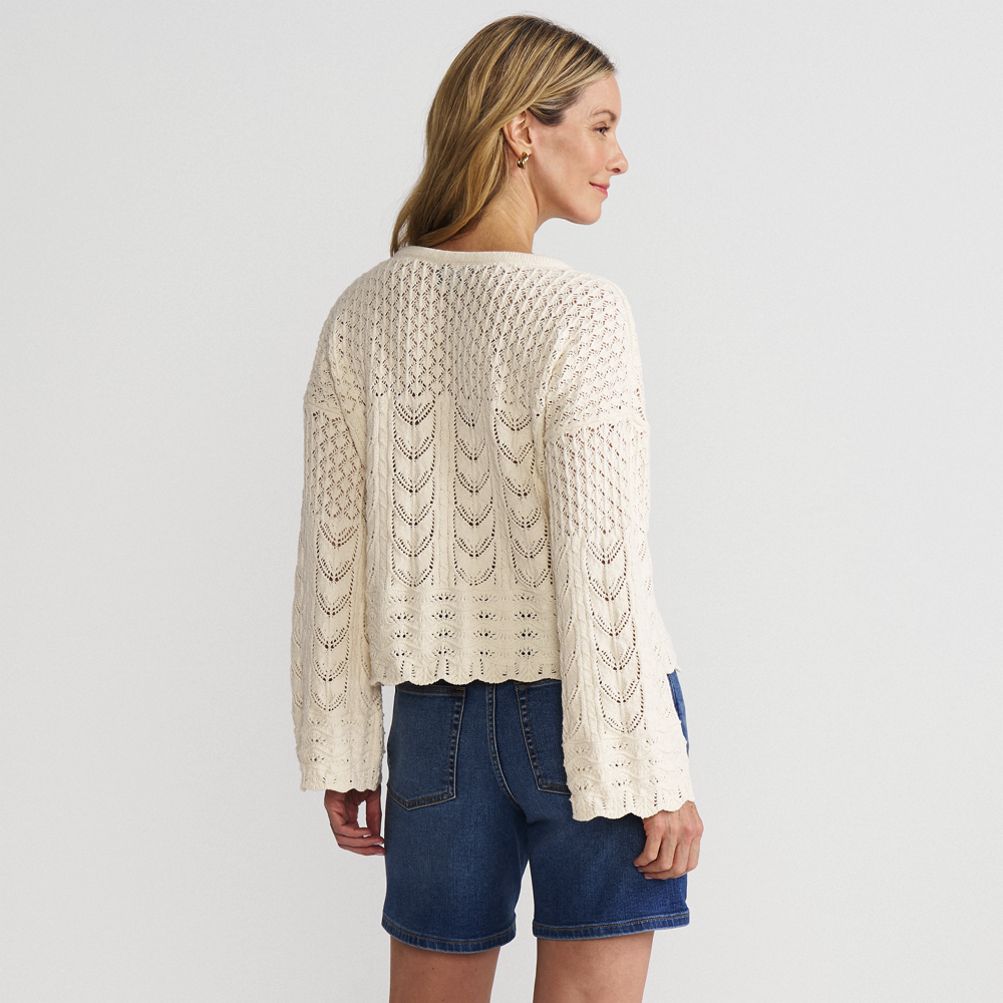 Women's Cotton Boucle Pointelle Notch Neck Sweater | Lands' End