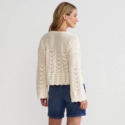 Women's Cotton Boucle Pointelle Notch Neck Sweater - image 1