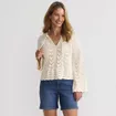 Women's Cotton Boucle Pointelle Notch Neck Sweater