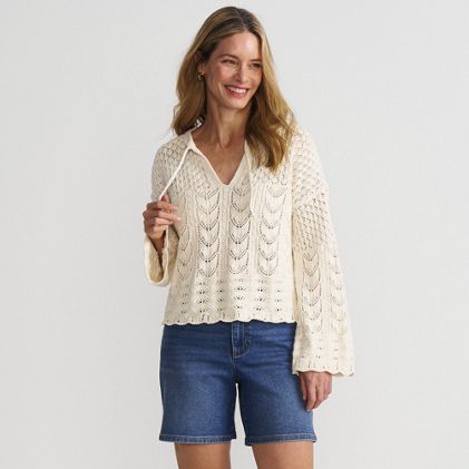 Women's Cotton Boucle Pointelle Notch Neck Sweater - image 2