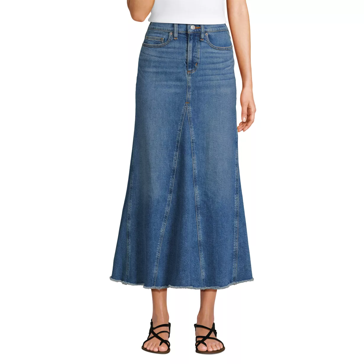 Women's Soft Denim Godet Midi Skirt