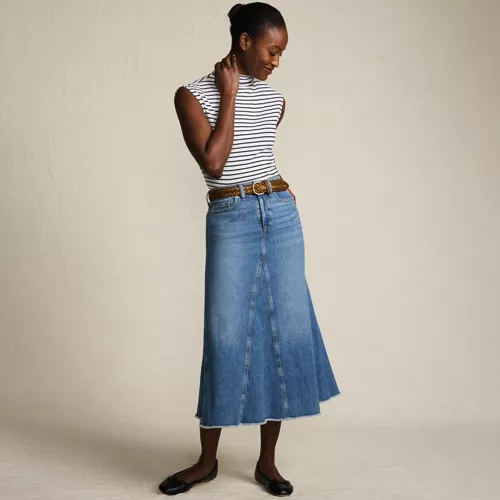 Women's Soft Denim Godet Midi Skirt, alternative image