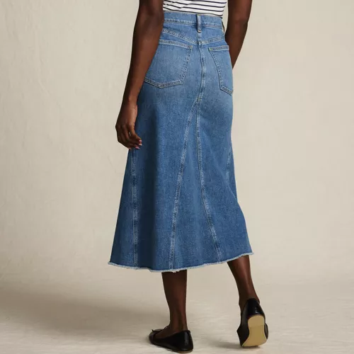 Women's Soft Denim Godet Midi Skirt, Back