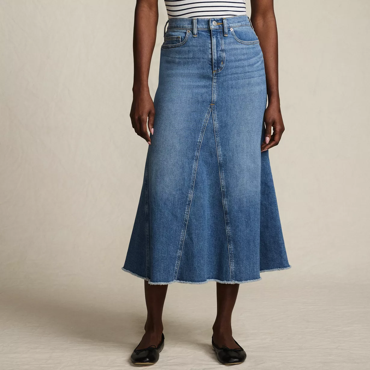 Women's Soft Denim Godet Midi Skirt
