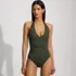 Women's Long Sculpting Suit Plunge Halter High Leg One Piece Swimsuit, Front