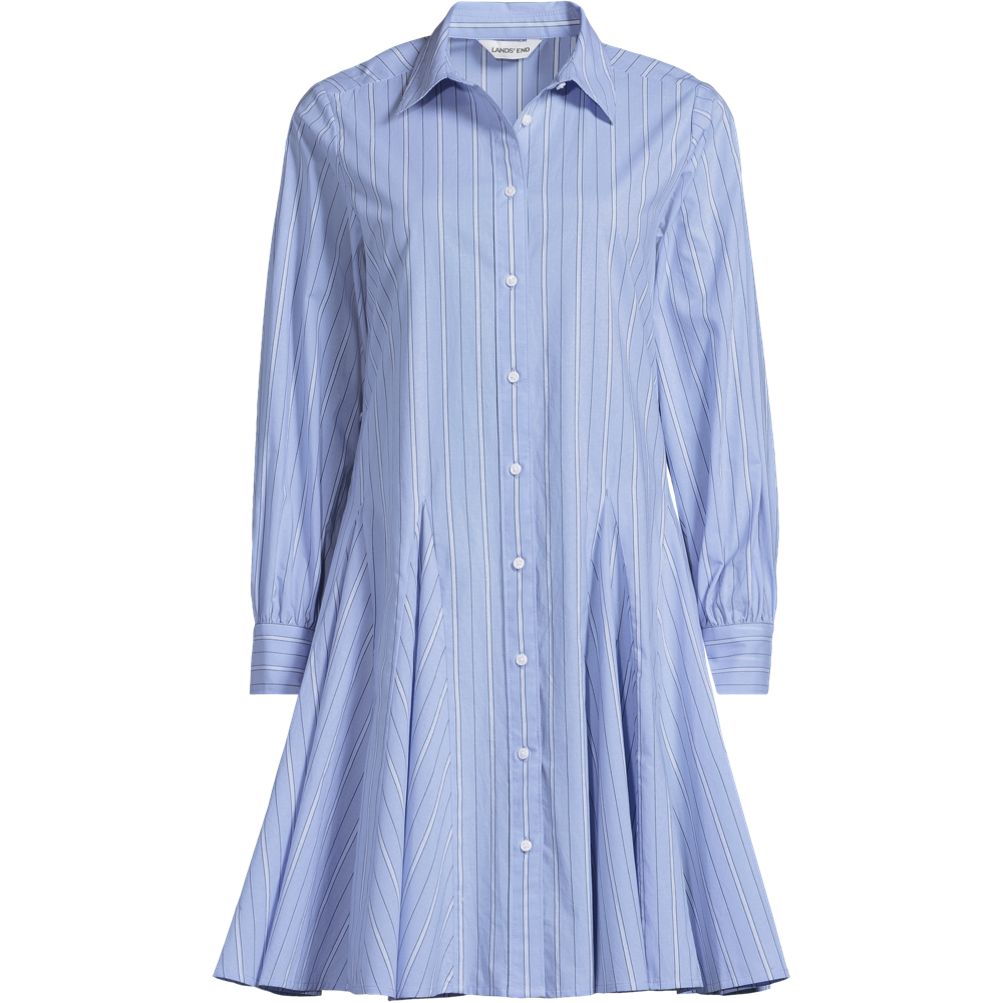 Women's Petite Poplin Button Front Dress with Godets - Lands' End - Blue - XL