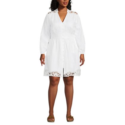 Women's Plus Size Long Sleeve Romantic Linen Above the Knee Shirt Dress - image 2