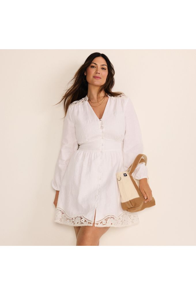 Women’s Plus Size Long Sleeve Romantic Linen Above the Knee Shirt Dress – Lands’ End – White – 3X