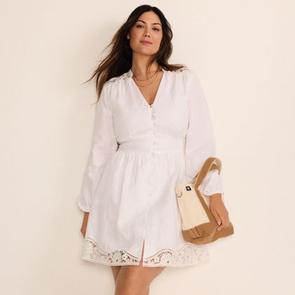Women's Plus Size Long Sleeve Romantic Linen Above the Knee Shirt Dress - primary