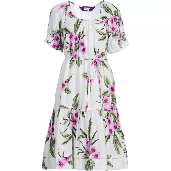 Women's Plus Size Puff Sleeve Pleated Linen Knee Length Dress - primary