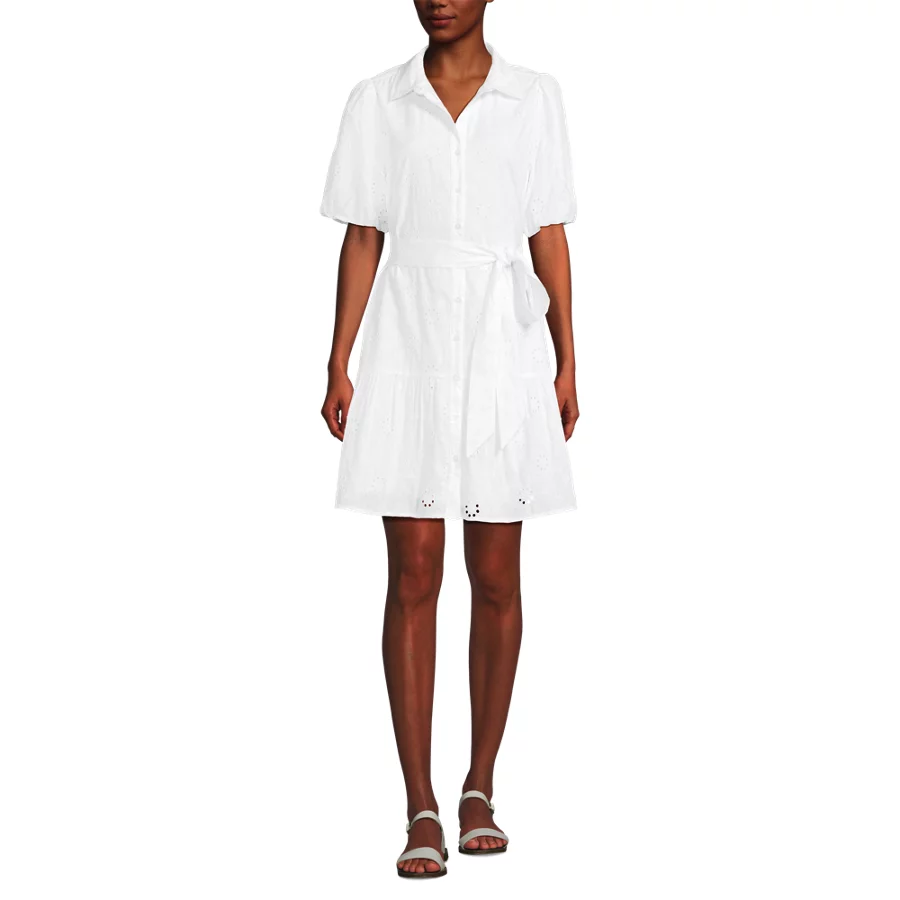 Women's Elbow Sleeve Eyelet Knee Length Shirt Dress view 2