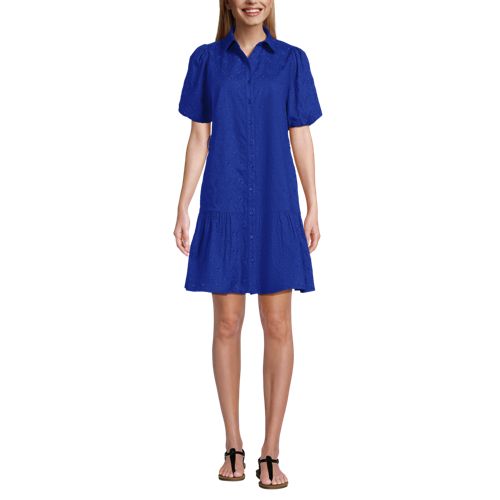 Women's Elbow Sleeve Eyelet Knee Length Shirt Dress, Front