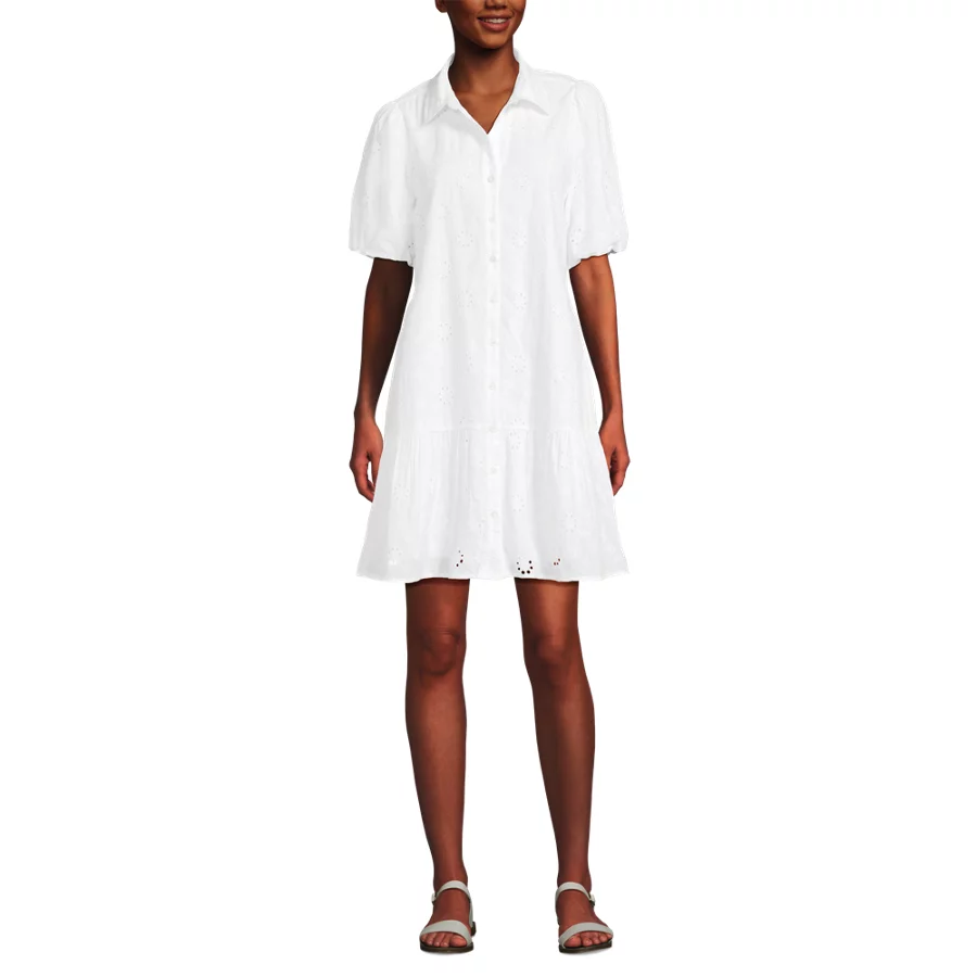 Women's Elbow Sleeve Eyelet Knee Length Shirt Dress view 4