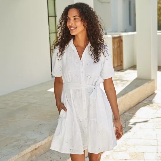 Women's Elbow Sleeve Eyelet Knee Length Shirt Dress - primary