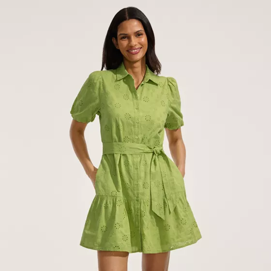 Women's Elbow Sleeve Eyelet Knee Length Shirt Dress - primary