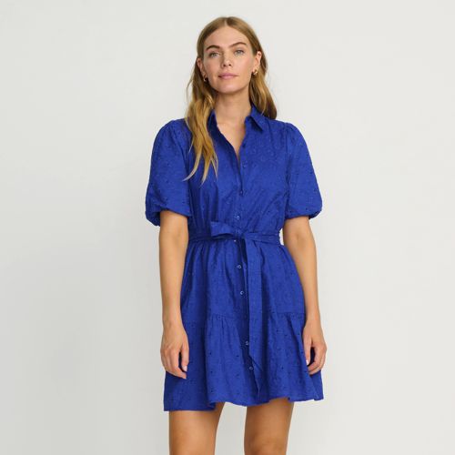 Women's Elbow Sleeve Eyelet Knee Length Shirt Dress, Front