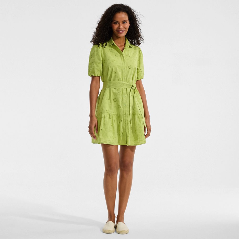 Women's Elbow Sleeve Eyelet Knee Length Shirt Dress | Lands' End