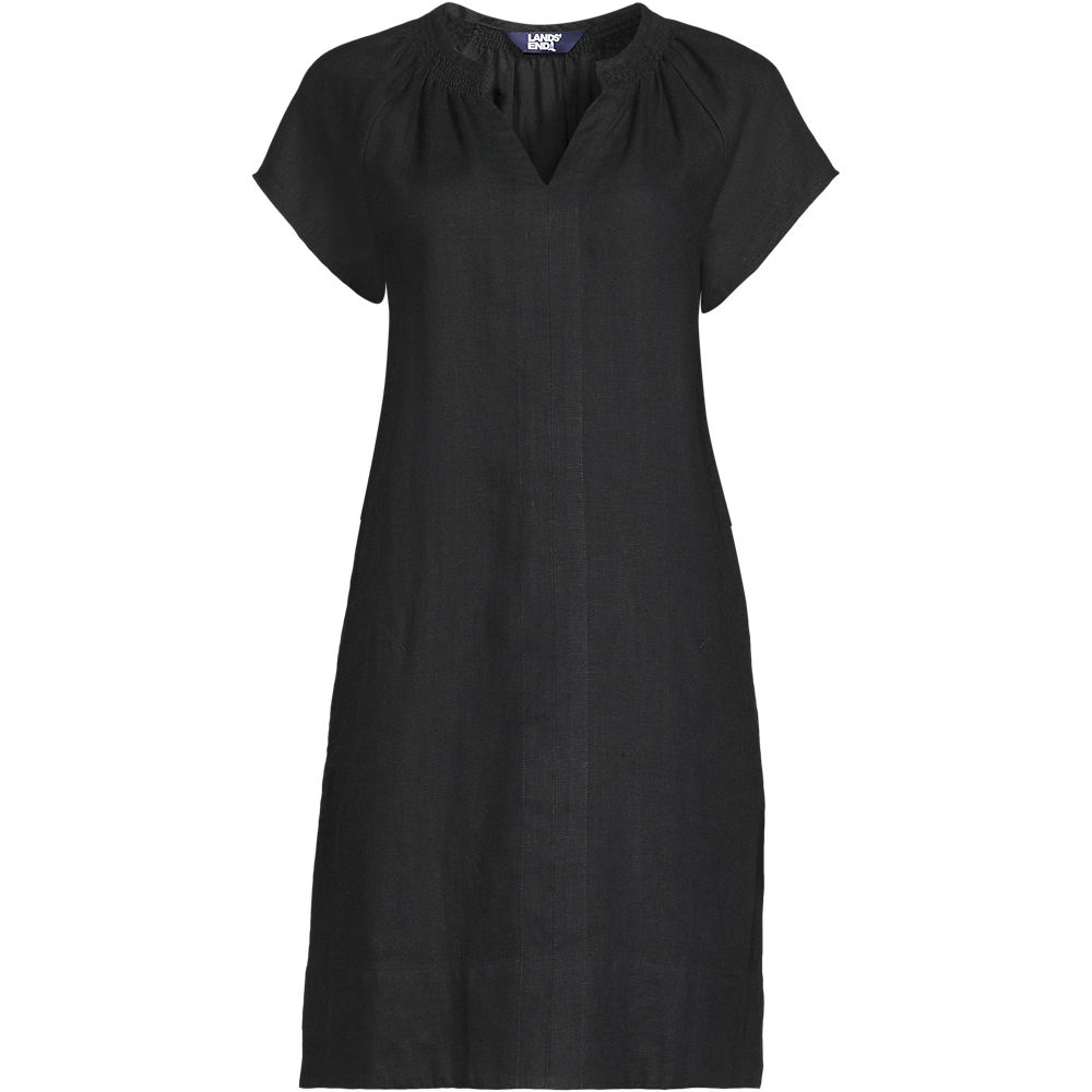 Smocked Linen Dress, Women, size: S, petite, Black, Linen, by Lands' End